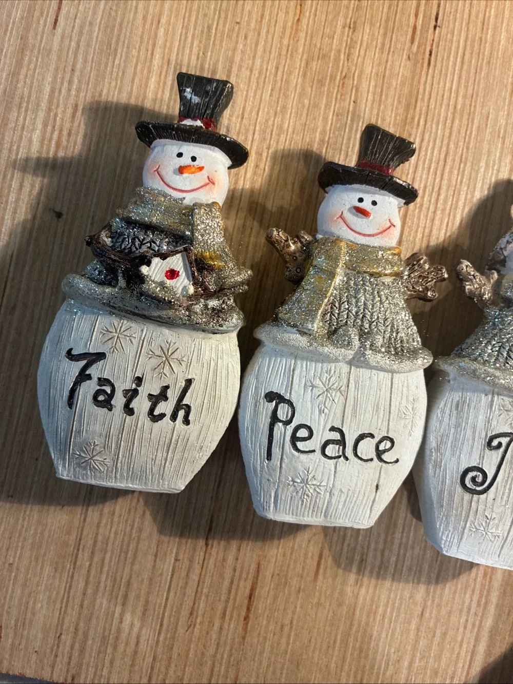 Faith Peace Joy Snowman Ornaments - White and Gold Holiday Decor Wood